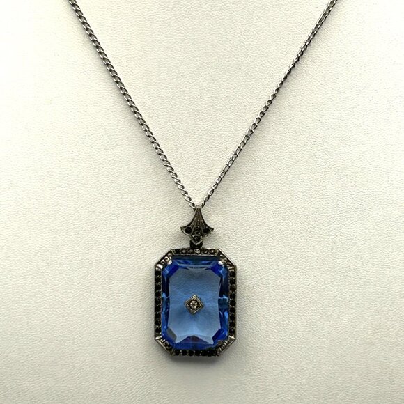 Vintage Art Deco Blue Emerald Cut Glass Pendant Necklace Silver Tone 18” - Picture 8 of 12